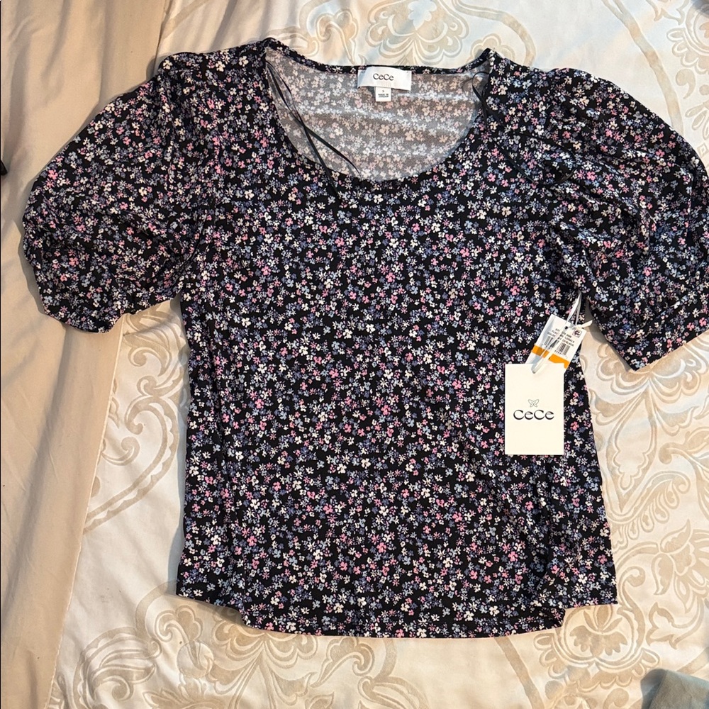 CeCe Black Floral Puff-Sleeve Blouse with Pink & White Blossoms